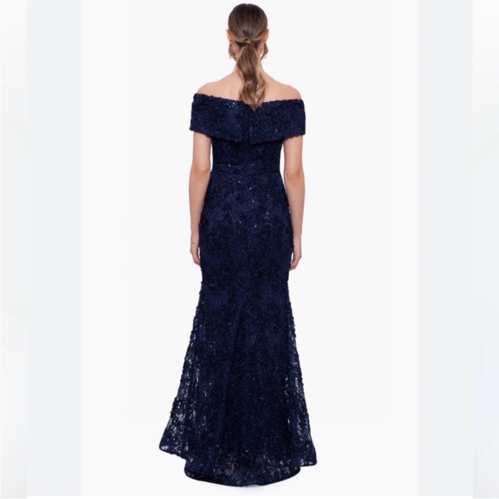 Xscape Elegant Navy Off-Shoulder Lace size 6 NWOT Navy - Picture 2 of 7